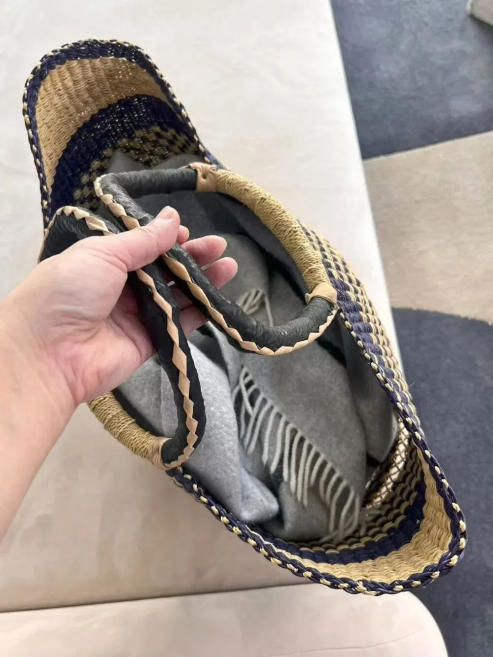 Brand New Bolga Large Handwoven Ghanaian Straw Market Tote Basket – Navy